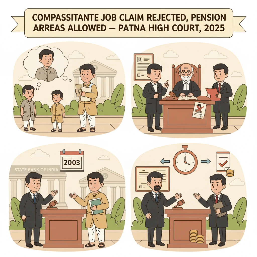 Courtroom scene depicting a Patna High Court case on compassionate appointment and pension.