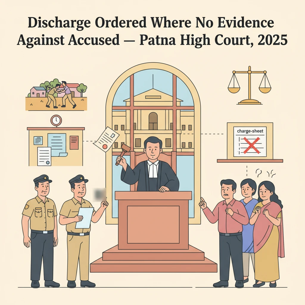 Courtroom scene at Patna High Court depicting a judge reviewing a discharge application.