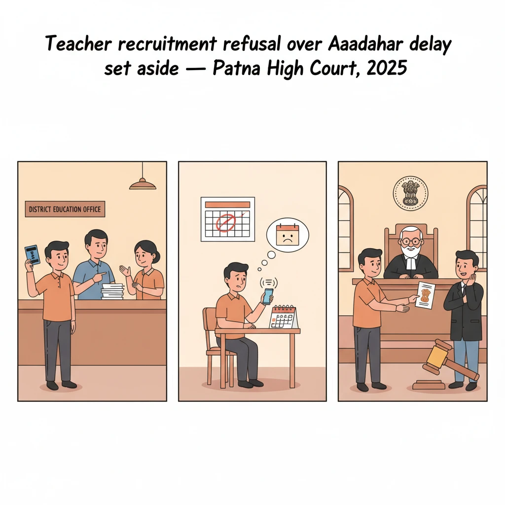 Courtroom illustration showing a judge hearing a teacher recruitment Aadhaar dispute.