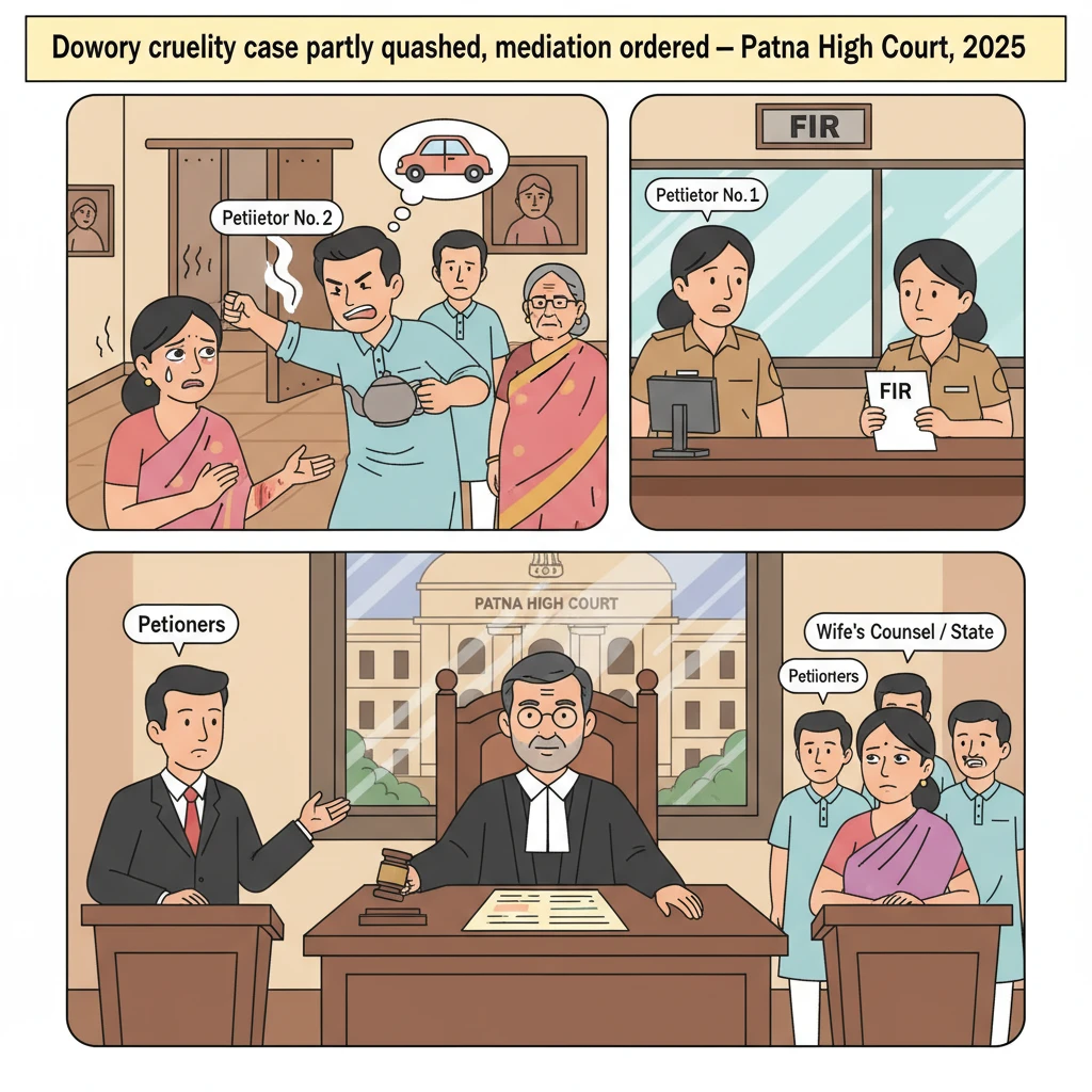 Courtroom scene illustrating a Patna High Court dowry-cruelty case with partial quashing and mediation.