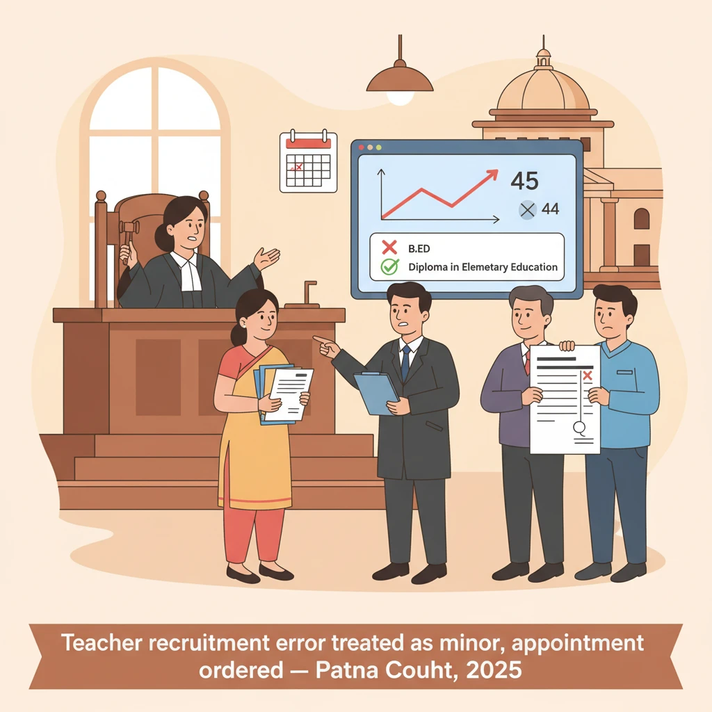 Courtroom illustration showing a judge deciding a dispute over a teacher recruitment form error.