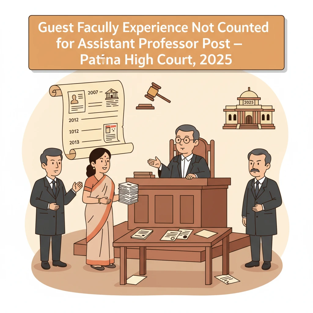 Courtroom illustration showing judges reviewing recruitment rules for assistant professor posts.