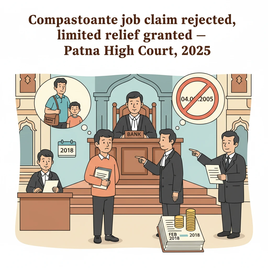 Courtroom illustration representing a Patna High Court case on compassionate appointment and pension.