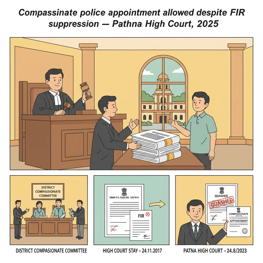 Courtroom scene depicting a compassionate appointment dispute involving a police constable post.