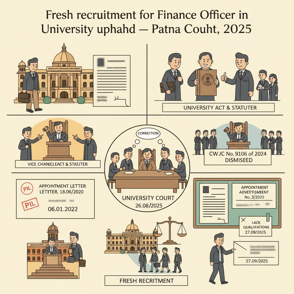 Courtroom scene illustrating Patna High Court review of a university Finance Officer recruitment dispute.