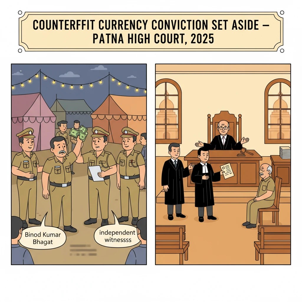 Courtroom scene illustrating Patna High Court scrutiny of a counterfeit currency case.
