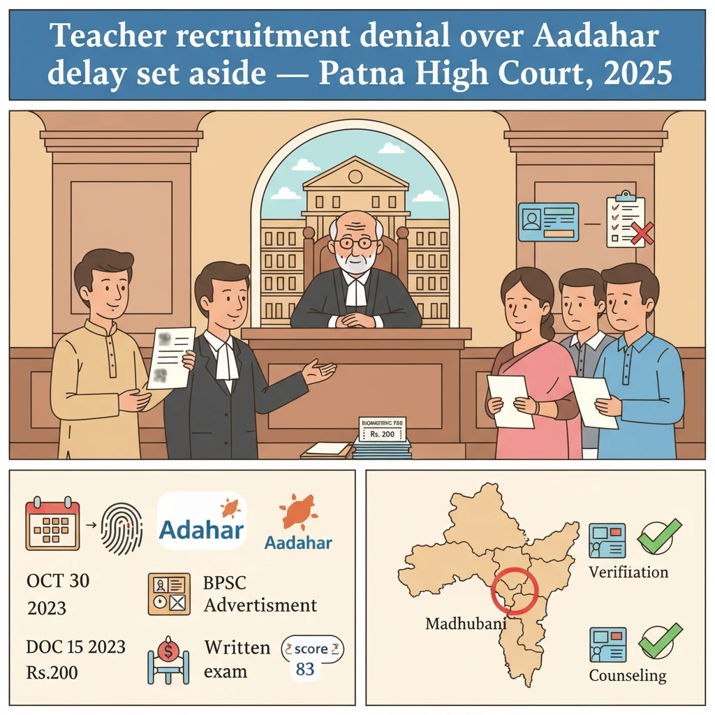 Courtroom illustration showing a teacher recruitment dispute over Aadhaar verification.