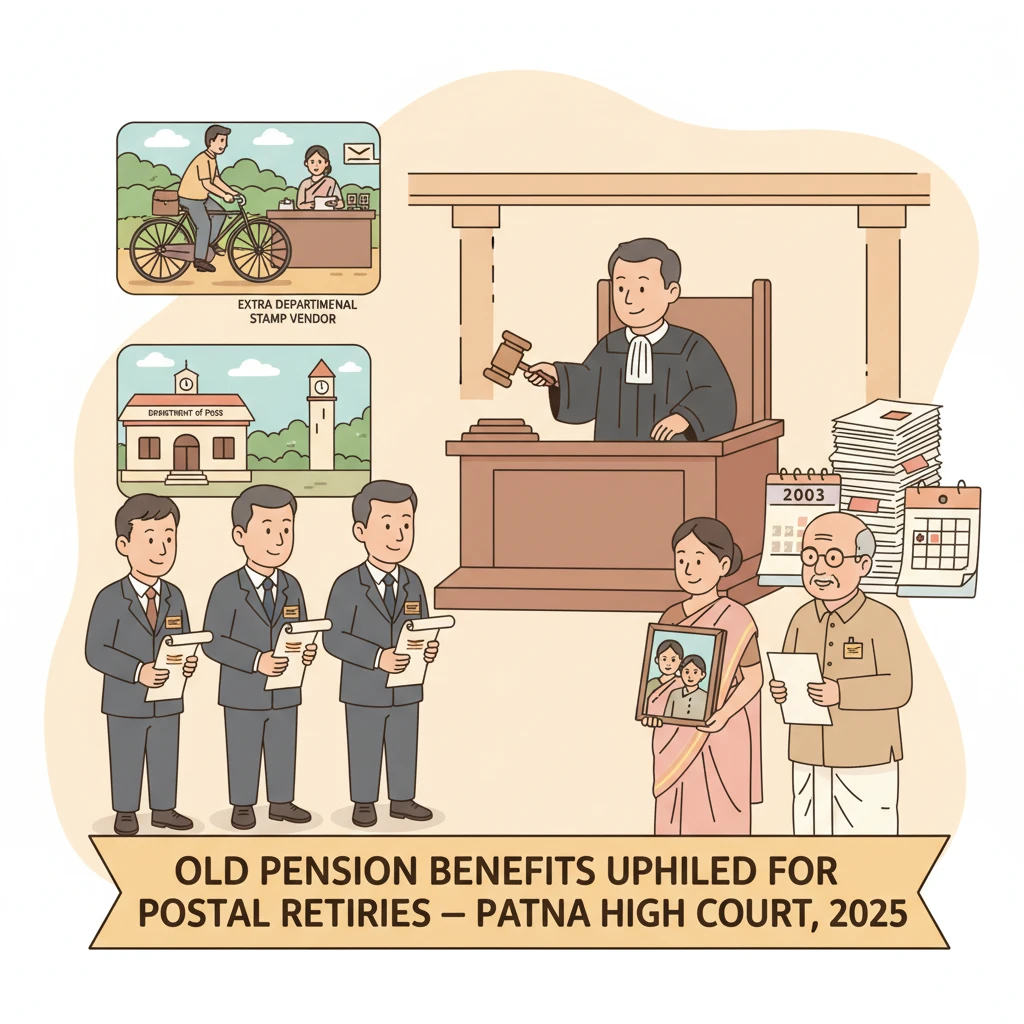 Courtroom illustration showing judges hearing a pension dispute of postal employees.