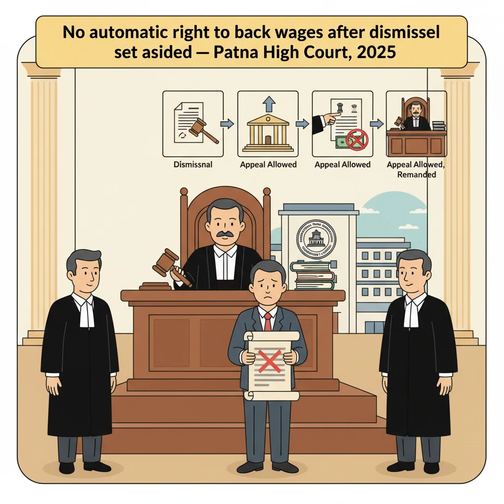 Courtroom illustration showing a service dispute on back wages before Patna High Court.
