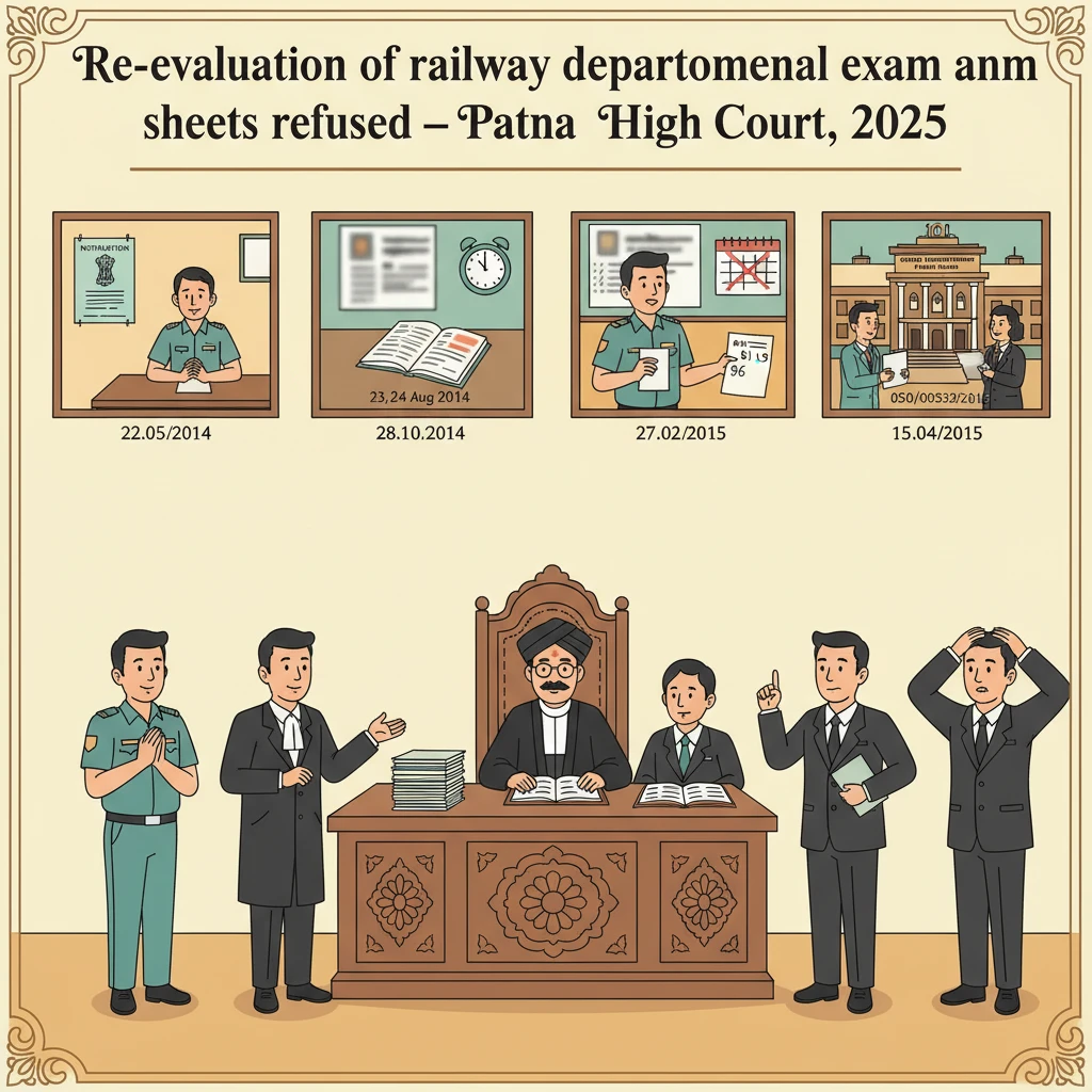 Courtroom scene representing Patna High Court decision on Railway promotion exam re-evaluation.