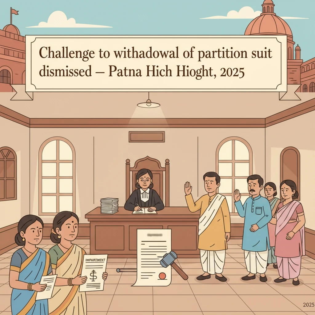 Courtroom scene depicting judges hearing a dispute on withdrawal of a partition suit.