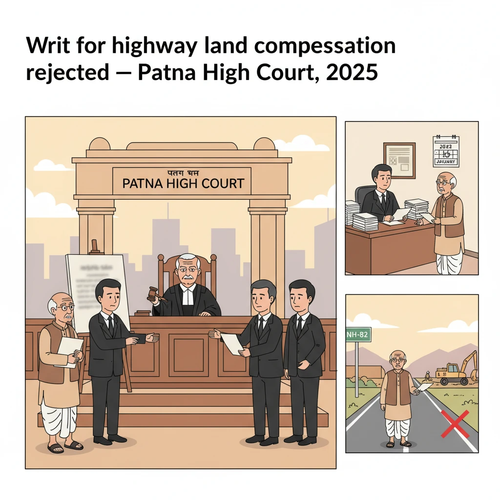 Courtroom scene depicting a land dispute over National Highway 82 acquisition in Bihar.