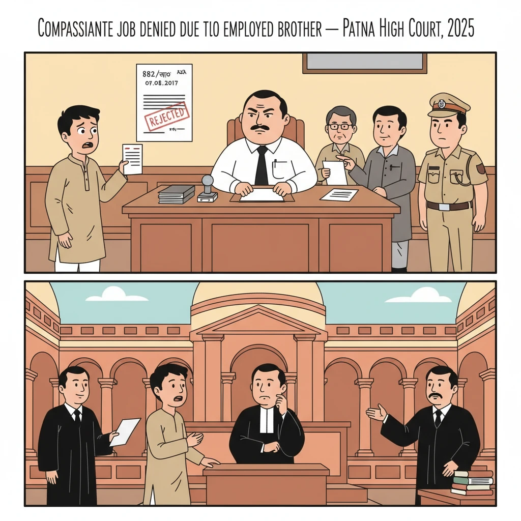 High Court courtroom illustration showing judges hearing a compassionate appointment dispute.