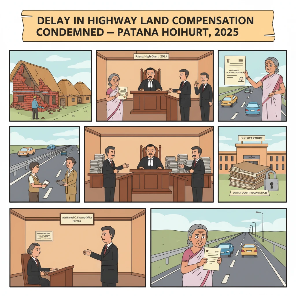 Illustration of Patna High Court overseeing compensation for house acquired in highway widening.