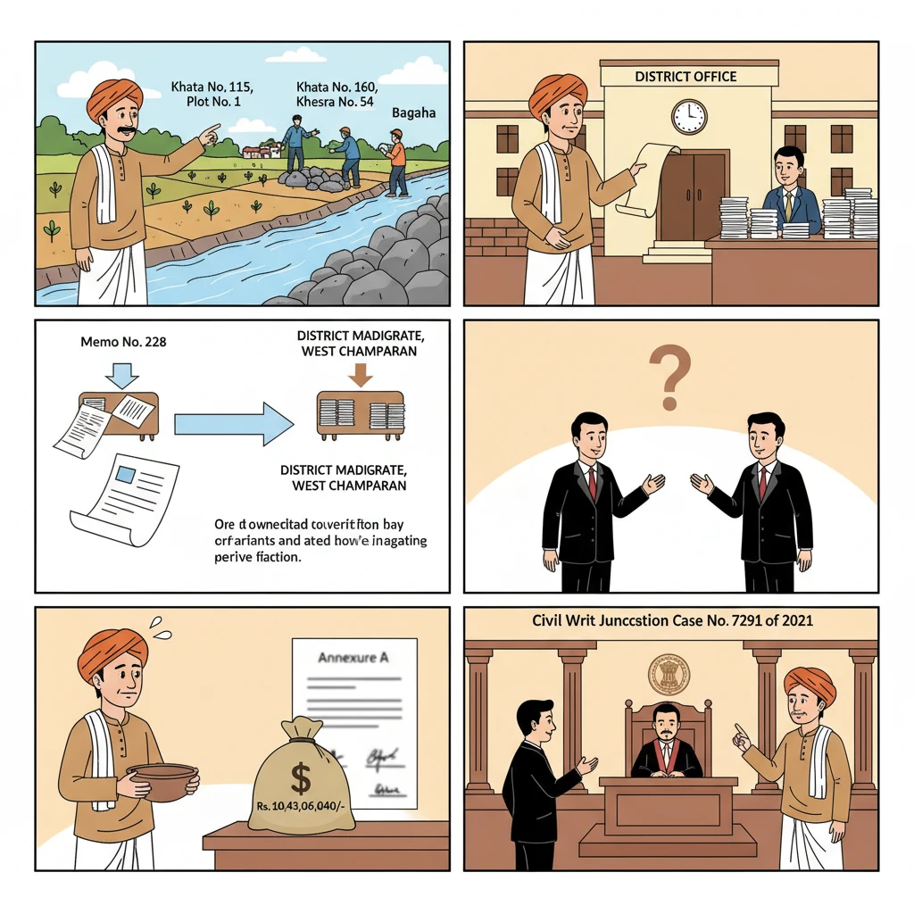 Illustration of Patna High Court overseeing payment of land compensation for a flood control project.