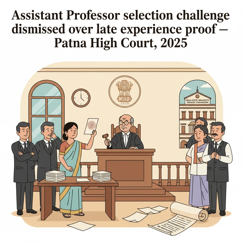 Courtroom illustration showing judges reviewing university teacher recruitment documents.