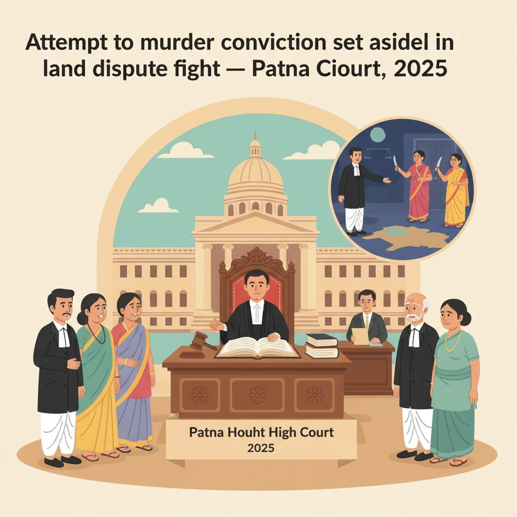 Courtroom illustration showing a judge reviewing a village land dispute assault case.