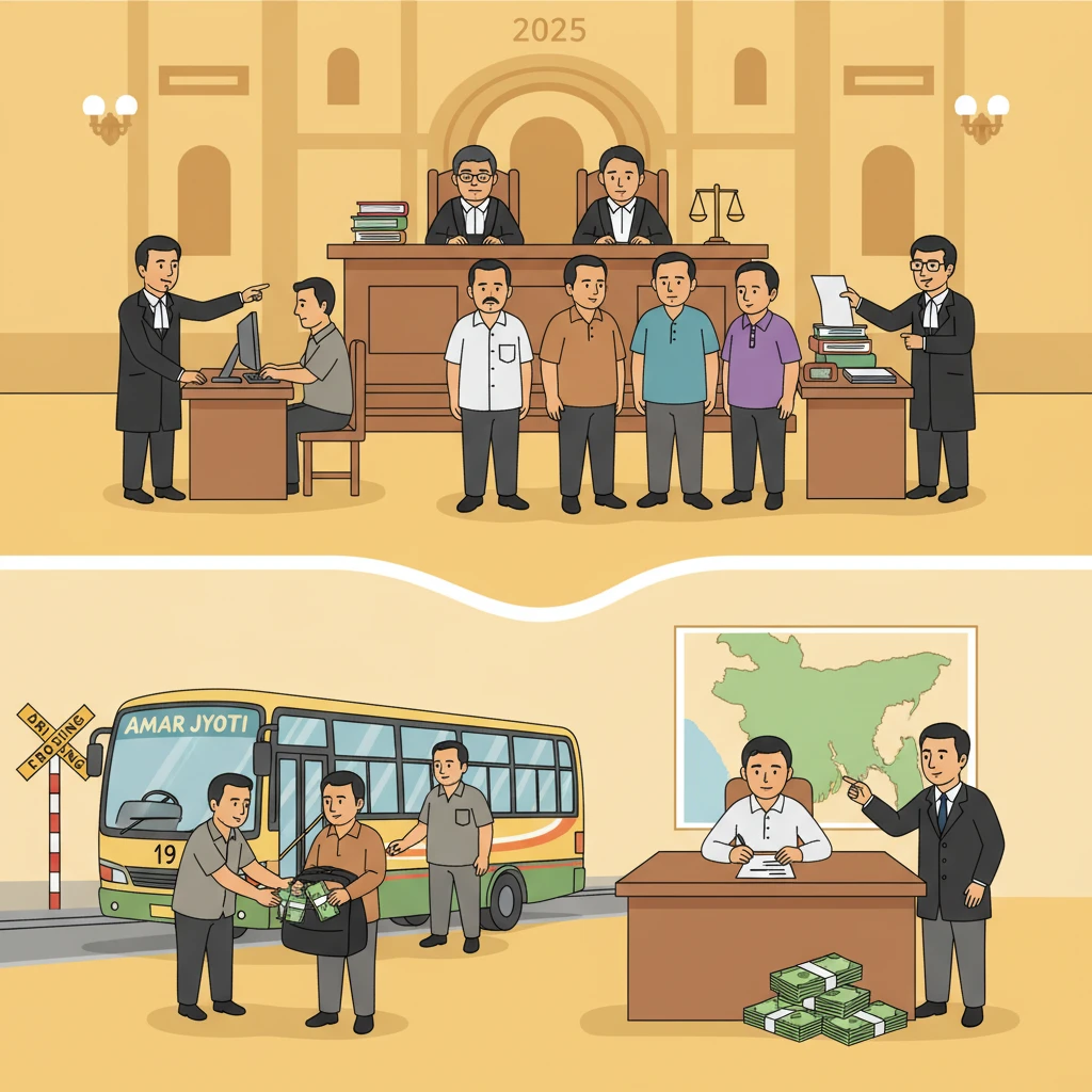 Courtroom scene showing judges examining a fake currency conspiracy case file.