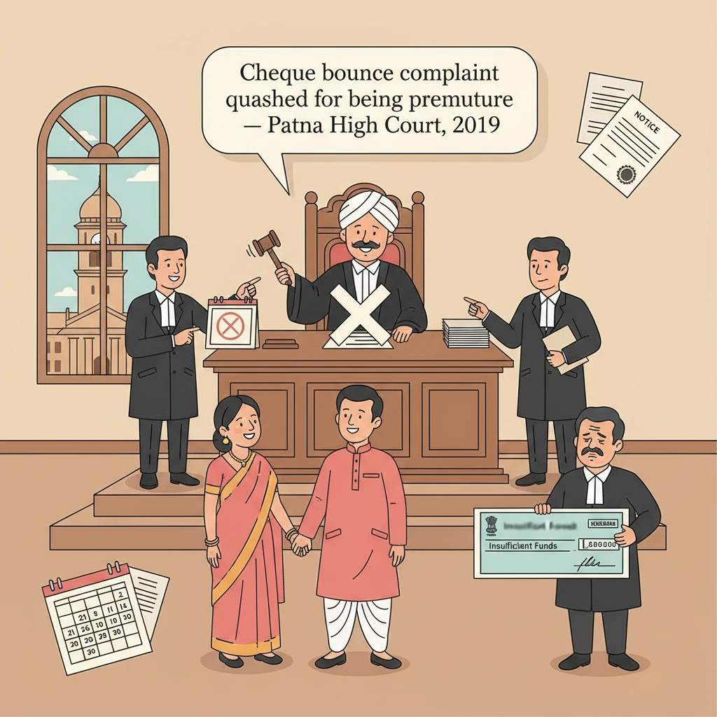 A courtroom illustration showing a judge examining a cheque bounce case file.