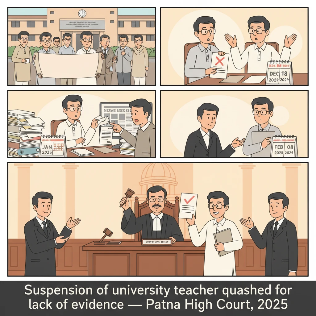 Courtroom illustration showing challenge to suspension of a university teacher at Patna High Court.
