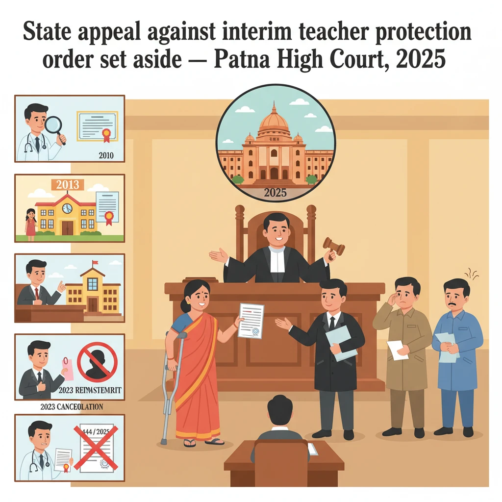 Illustration of the Patna High Court examining an appeal over a Panchayat Teacher’s termination.