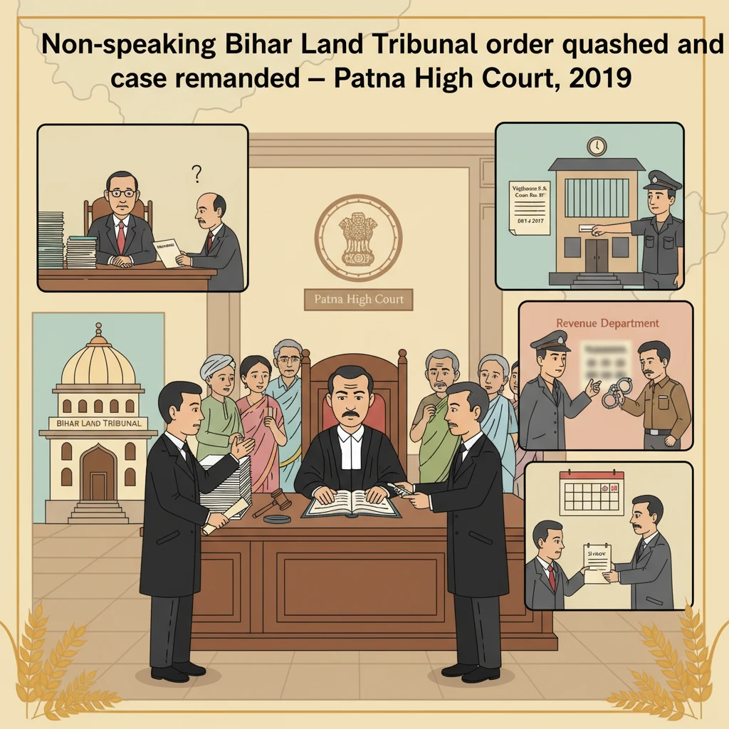 Courtroom scene at Patna High Court depicting review of a Bihar Land Tribunal land order.