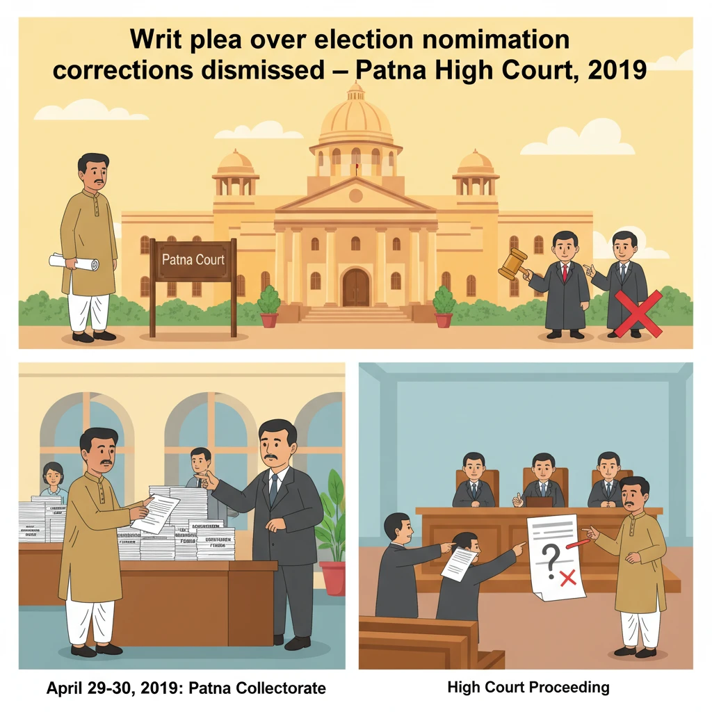 Courtroom scene representing Patna High Court examining a dispute over election nomination corrections.