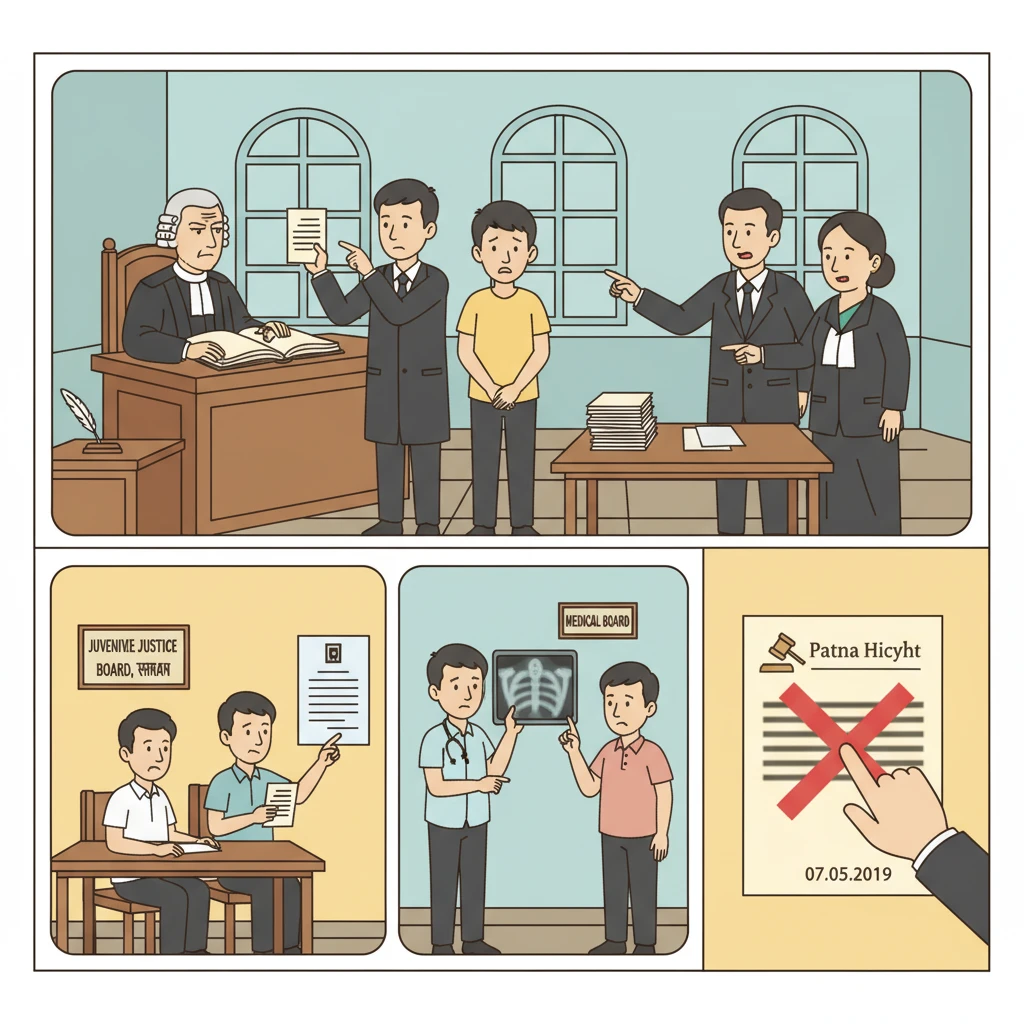 Illustration of a Patna courtroom highlighting a dispute over juvenile age determination.