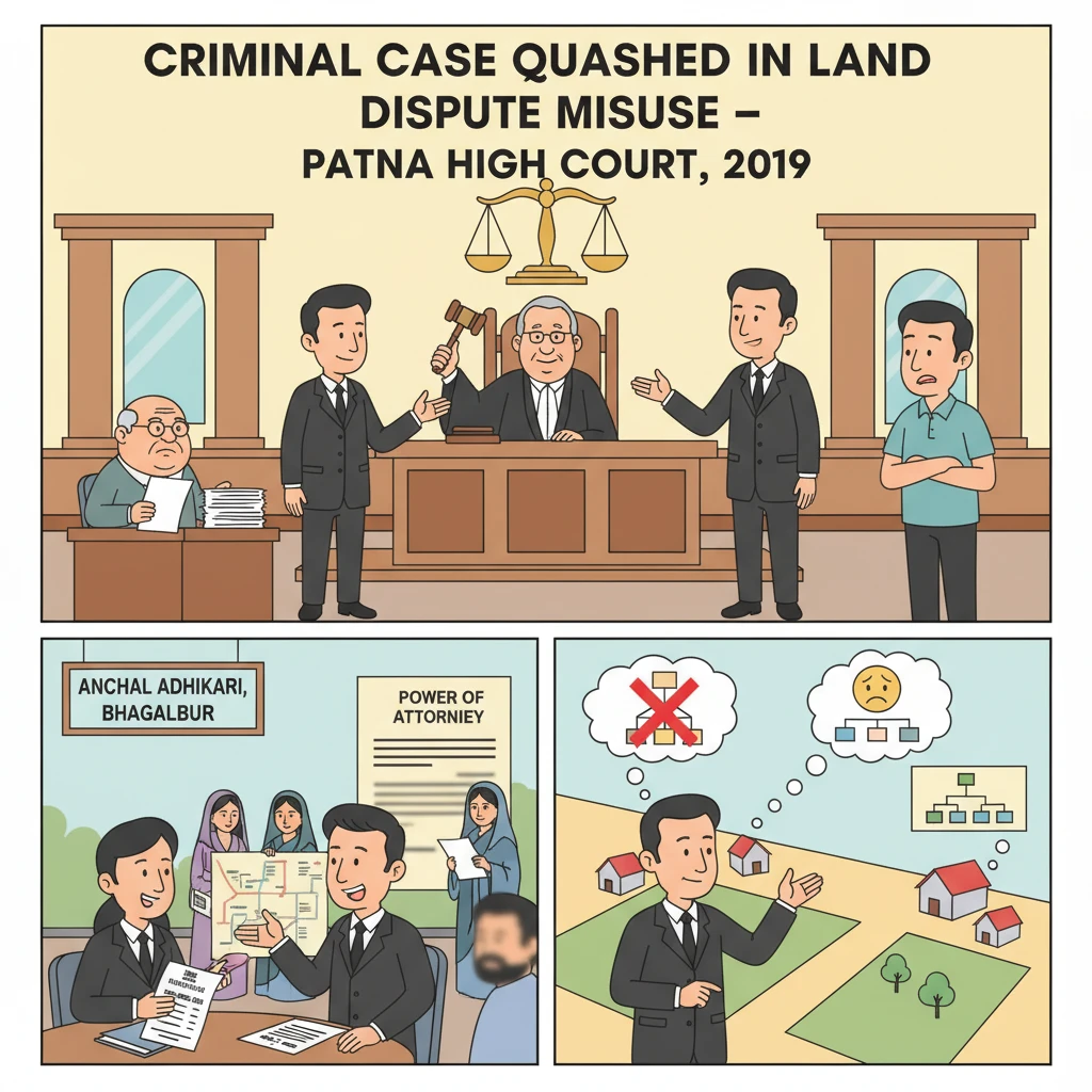 Patna High Court courtroom illustrating a land dispute criminal case being quashed