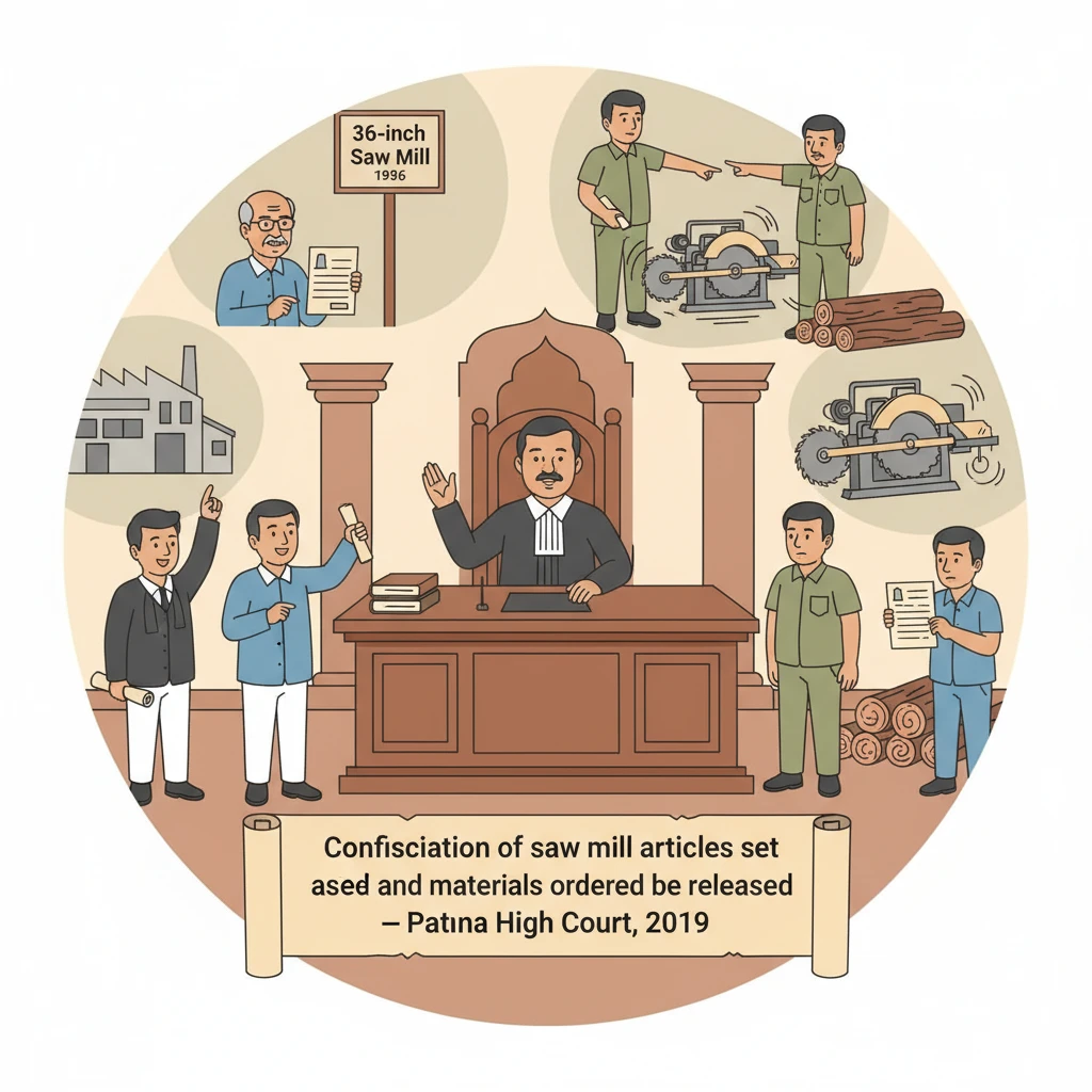 Illustration of Patna High Court reviewing a forest department confiscation of a small saw mill.