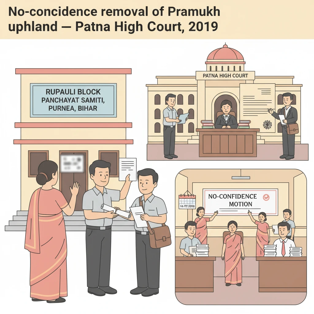 Illustration of a Panchayat meeting and Patna High Court order on no-confidence motion against a Pramukh