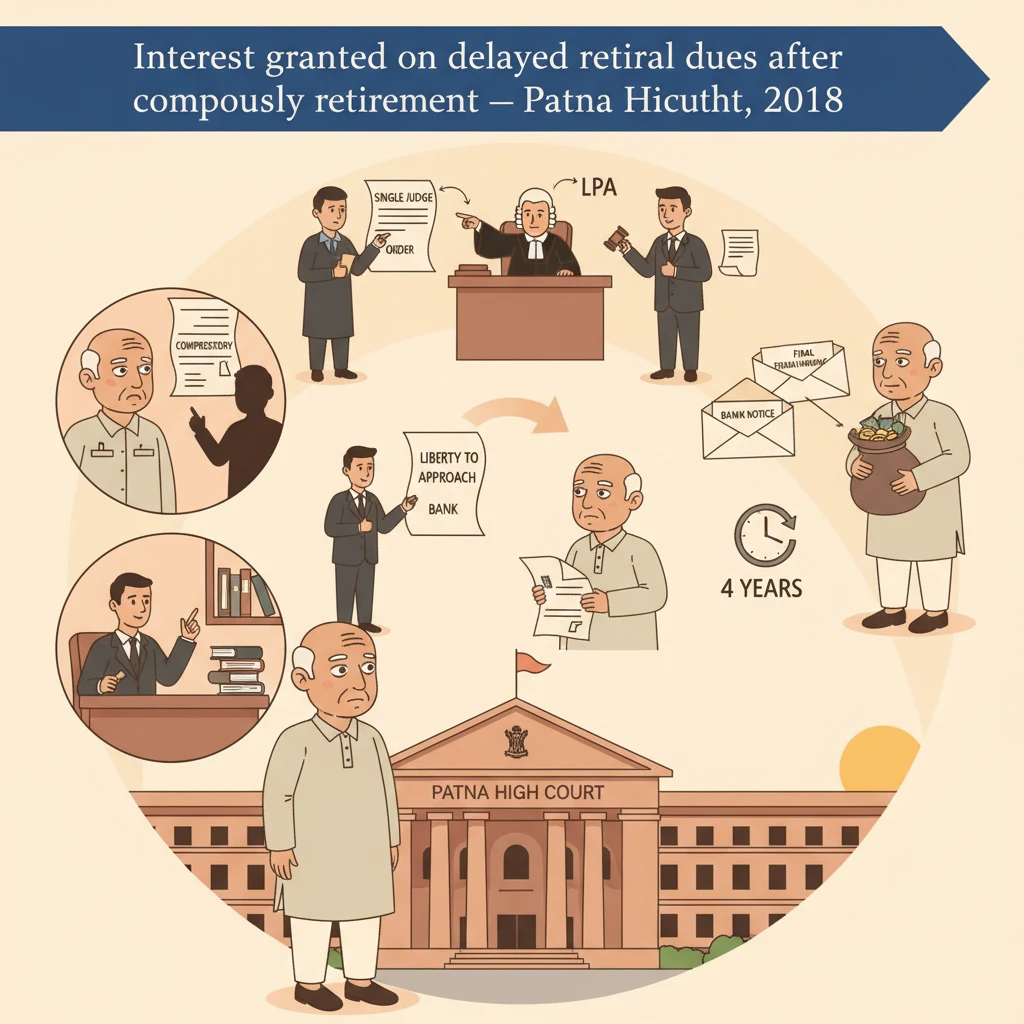 Illustration of Patna High Court hearing a dispute on delayed retiral benefits of a bank employee.