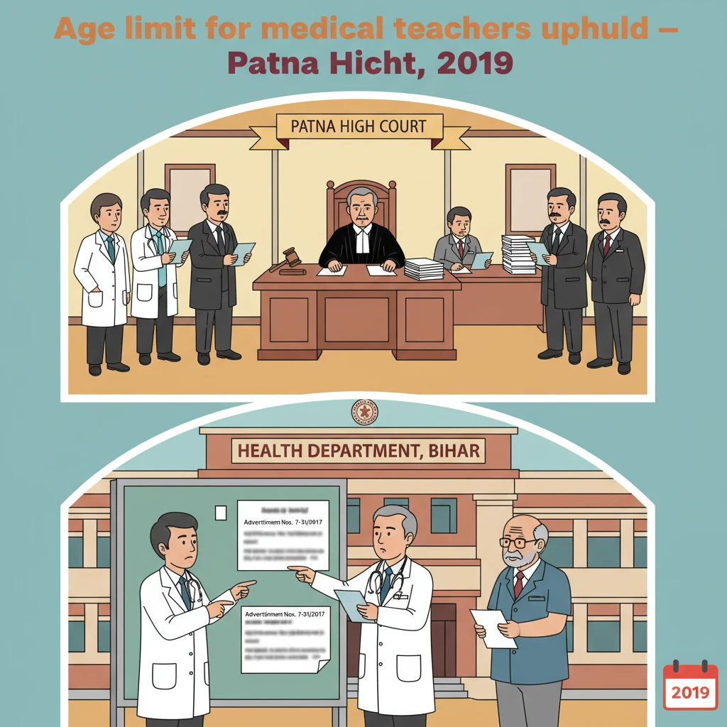 Courtroom illustration showing judges hearing a case on age limits for medical college teachers in Bihar.