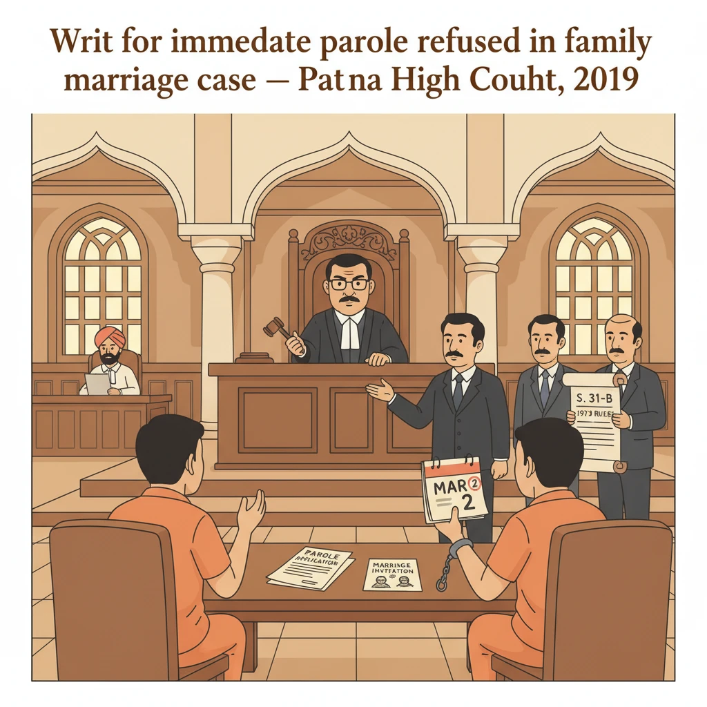 Illustration of Patna High Court reviewing a parole request by life convicts for a family marriage.