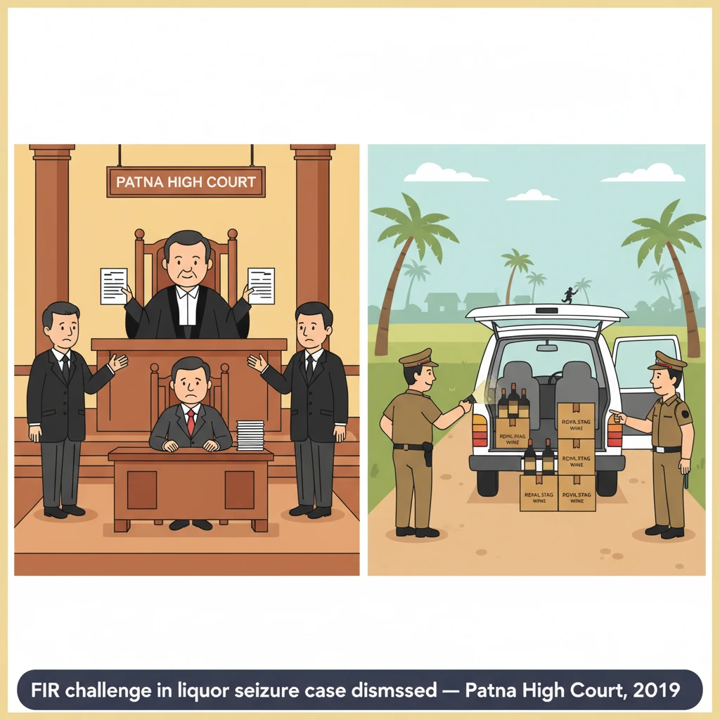 Courtroom scene depicting Patna High Court hearing a liquor prohibition FIR challenge.