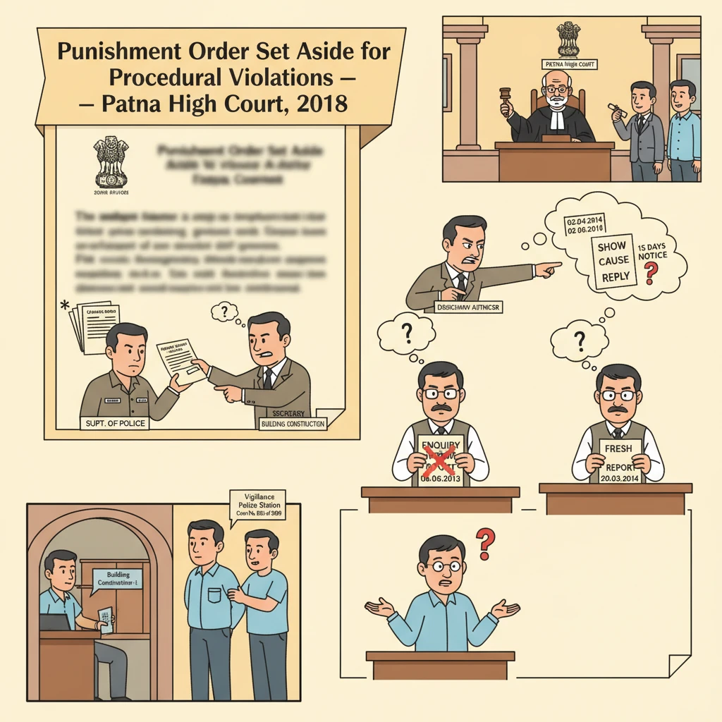 Courtroom illustration showing judicial review of a departmental punishment order by Patna High Court.