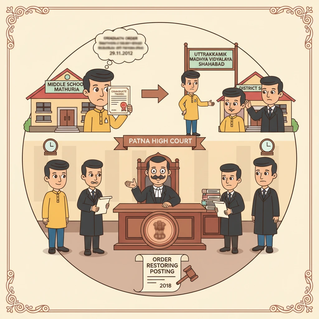 Illustration of Patna High Court reviewing a dispute over a government school teacher posting.