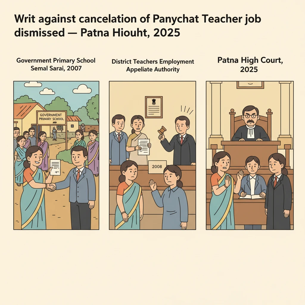 Courtroom illustration showing a Panchayat Teacher appointment dispute before the Patna High Court.