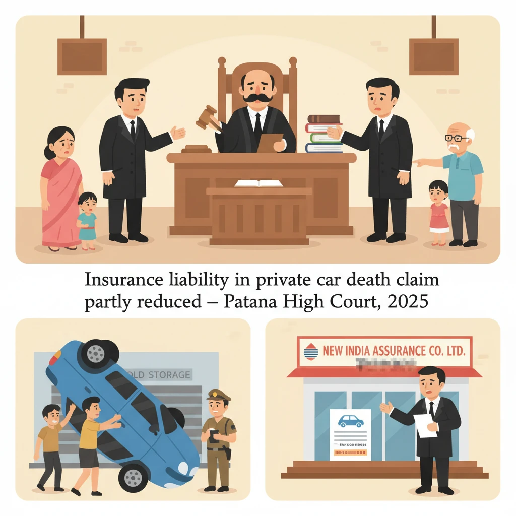 Courtroom illustration showing judges hearing a motor accident insurance appeal at Patna High Court.