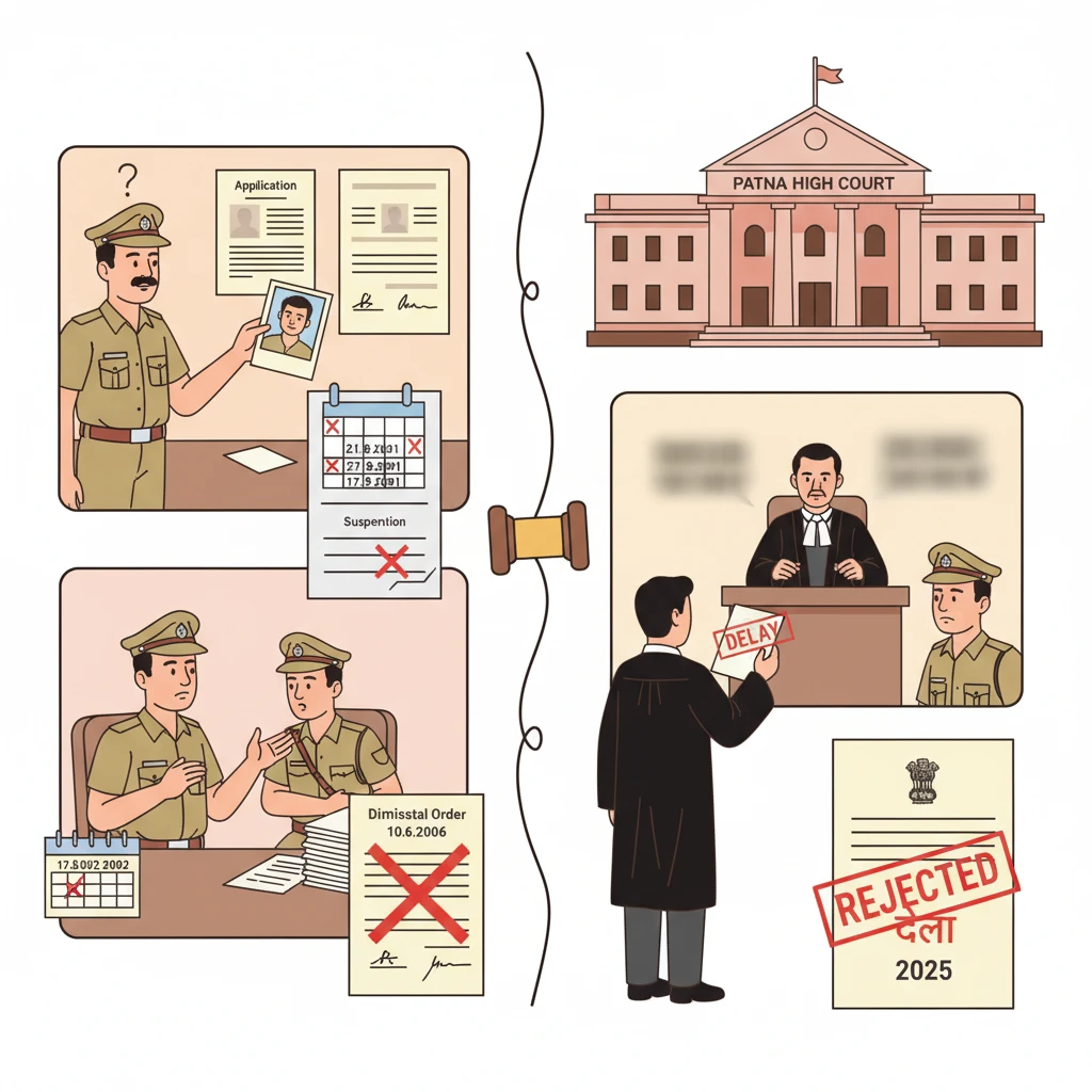 Courtroom setting illustrating Patna High Court review of a police dismissal case.