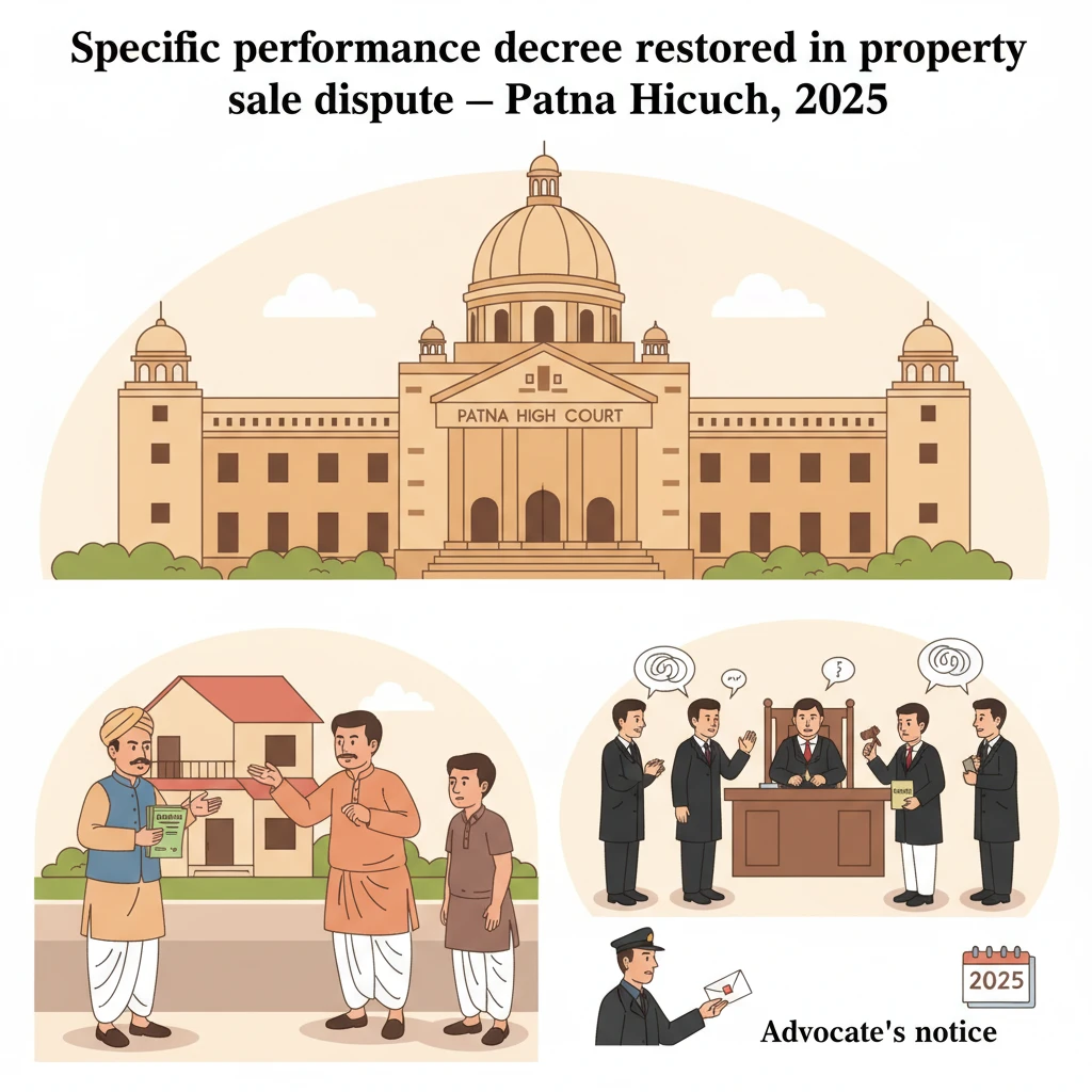 Illustration of a courtroom scene in the Patna High Court for a property sale dispute.