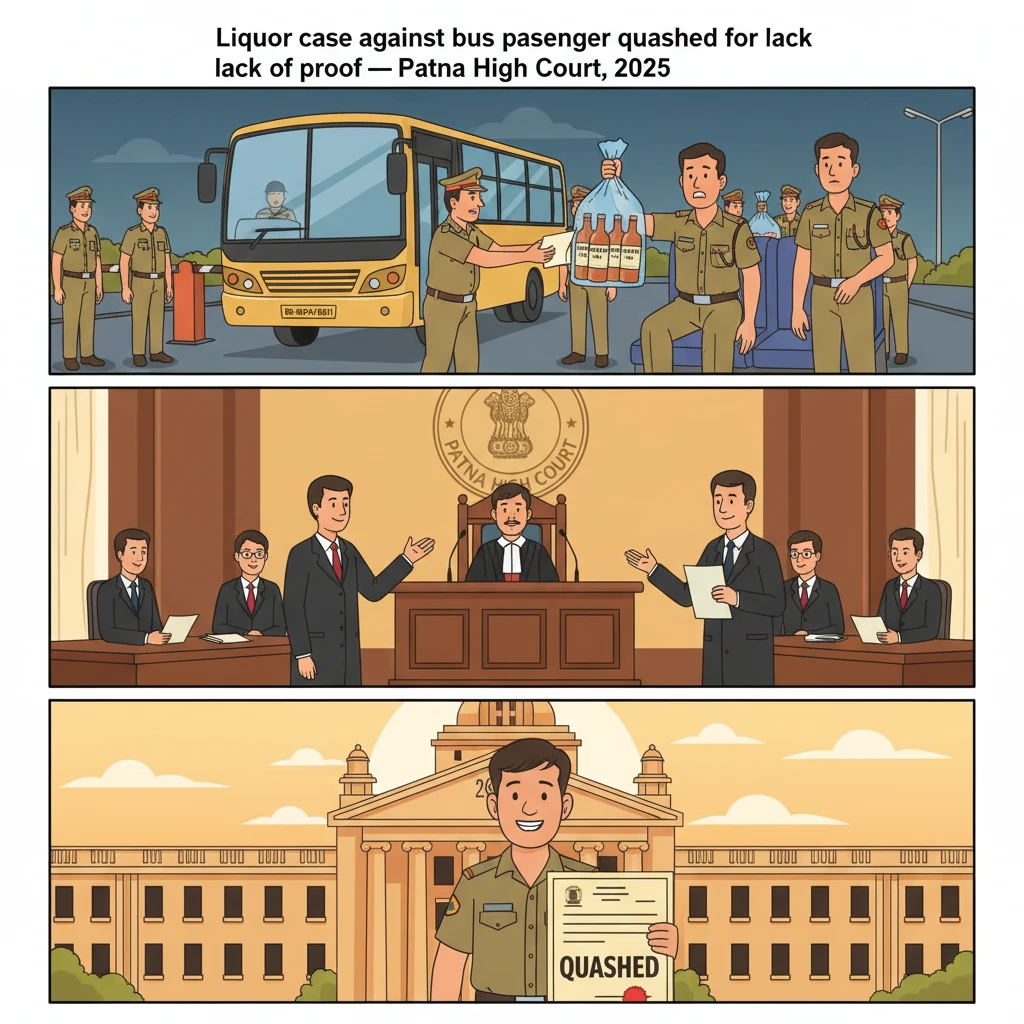 Illustration of Patna High Court examining a prohibition case based on liquor found in a bus.