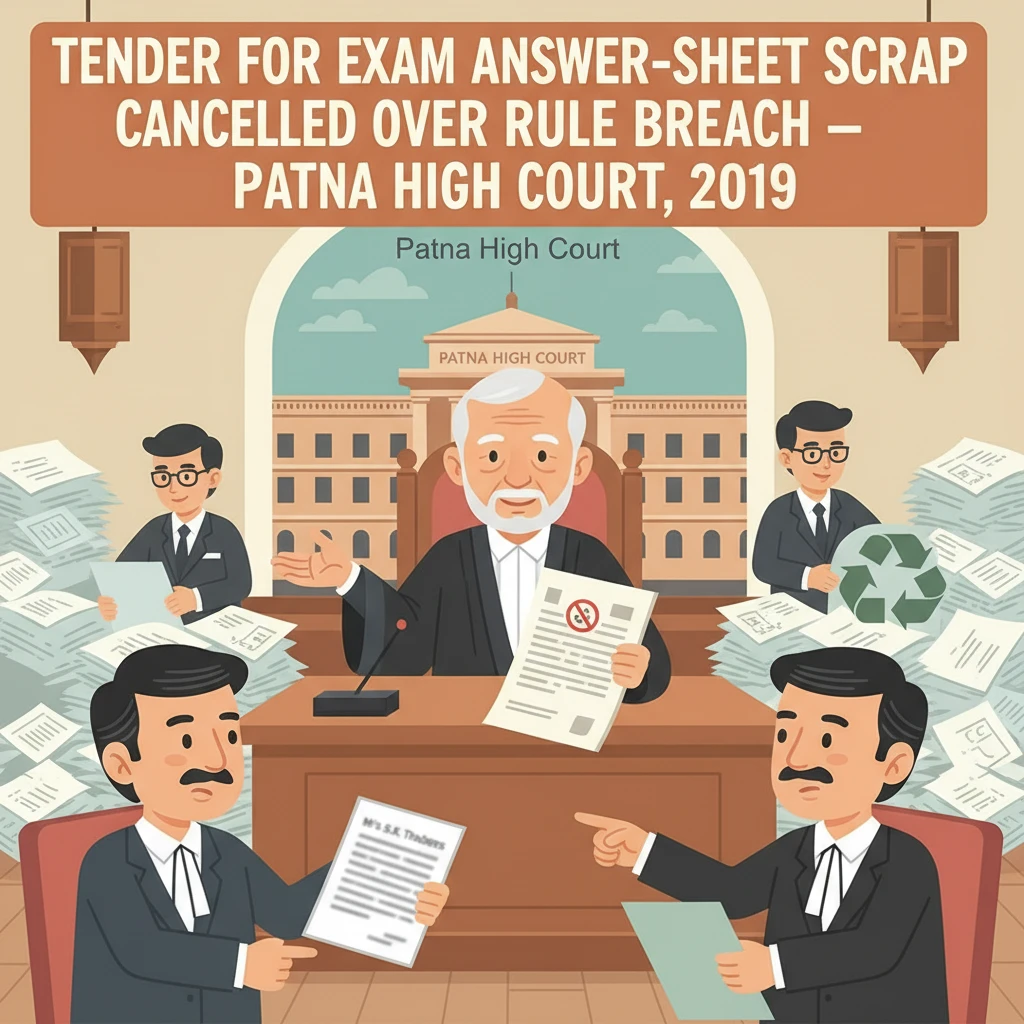 Courtroom scene showing judges reviewing a government board tender for exam answer-sheet scrap.