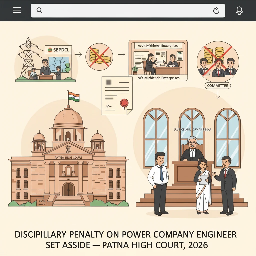 Courtroom illustration showing a judge reviewing a power company employee’s disciplinary case.