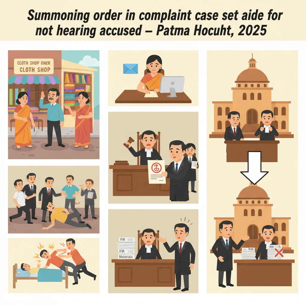Illustration of a Patna courtroom highlighting a judge reviewing a criminal complaint file.