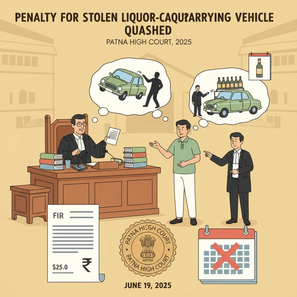 Courtroom illustration showing judges reviewing confiscation of a stolen vehicle under prohibition law.