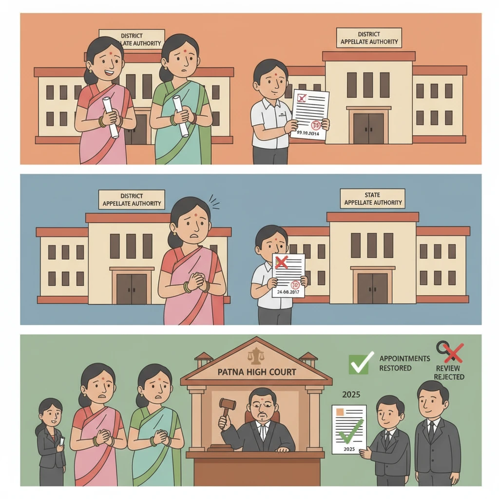 Courtroom illustration showing judges reviewing teacher appointment dispute in Patna High Court.