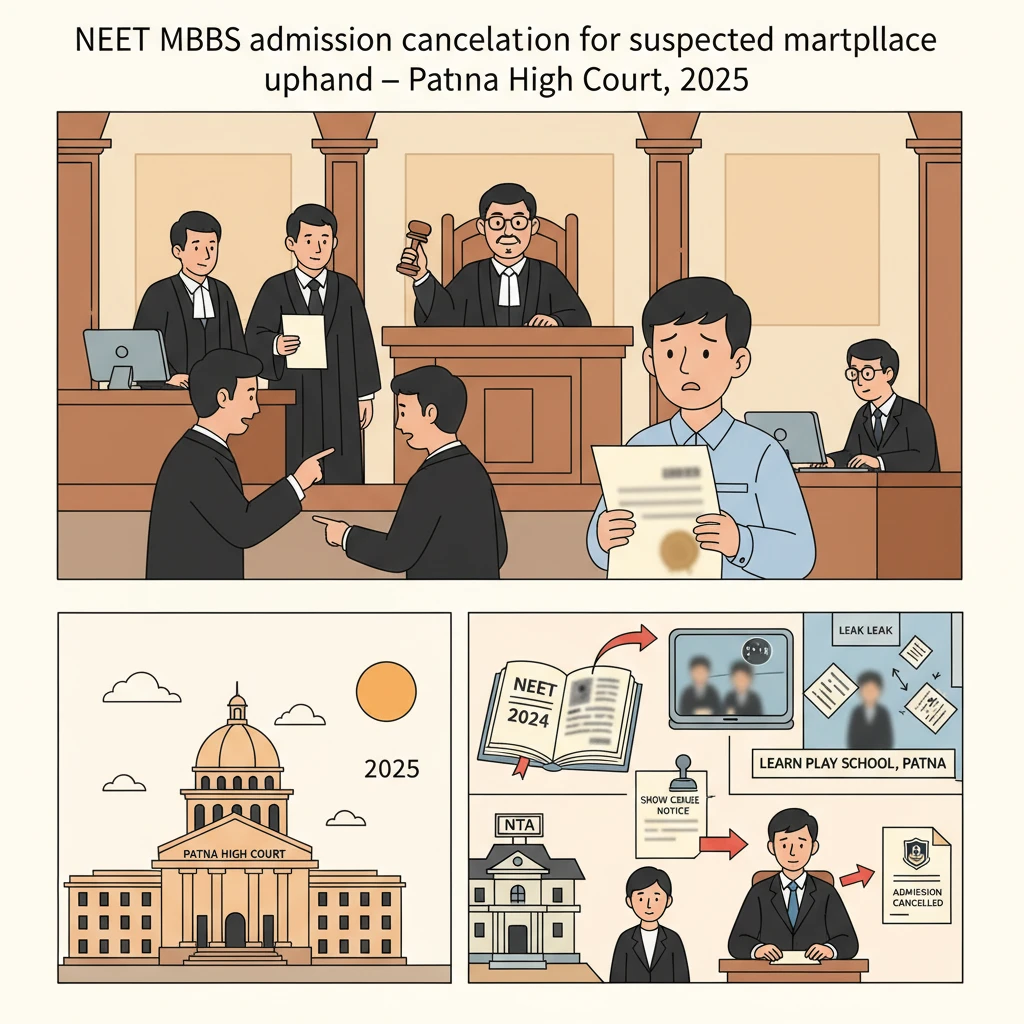 Courtroom illustration showing judicial review of NEET MBBS admission cancellation at Patna High Court.