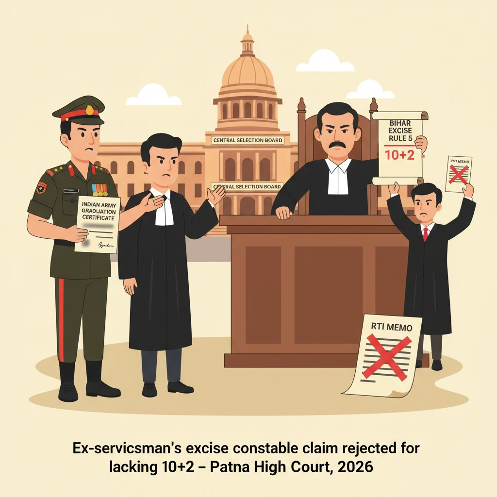 Courtroom illustration showing a judge reviewing recruitment rules for excise constable posts.