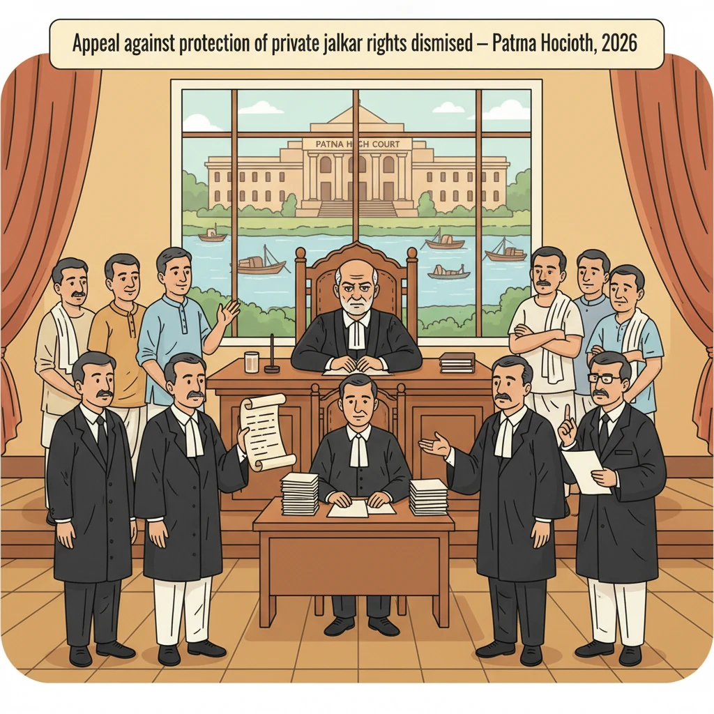 Illustration of Patna High Court reviewing a dispute over private jalkar fishing rights in Bhagalpur.